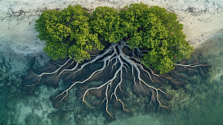Luftfoto af ét mangrovetræ med et vidt forgrenet rodsystem i lavt vand