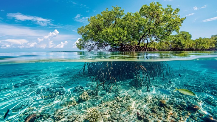 Mangrovetræ set både over og under vandoverfladen med synlige rødder